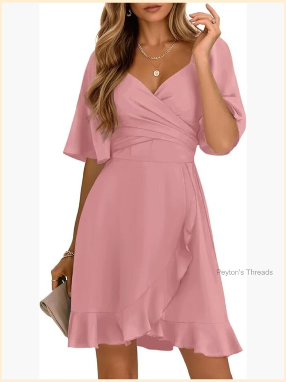 Wrap V Neck Short Flared Sleeve Wedding Guest Dress Smocked Elastic Waist